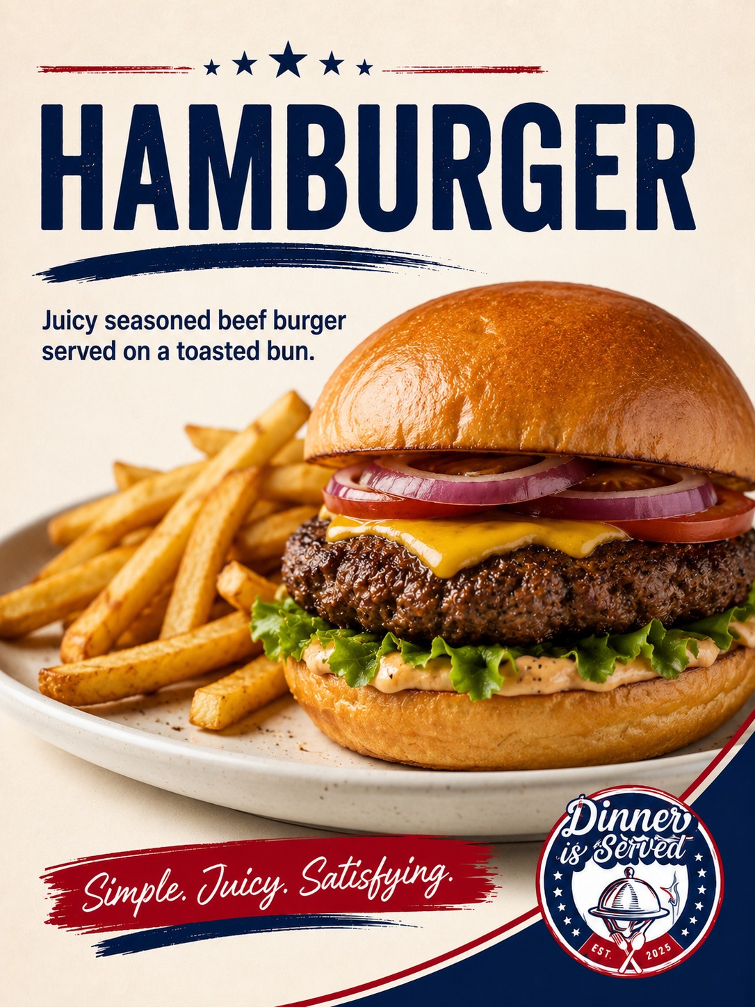 Juicy seasoned beef hamburger with fries at Dinner Is Served in Miami