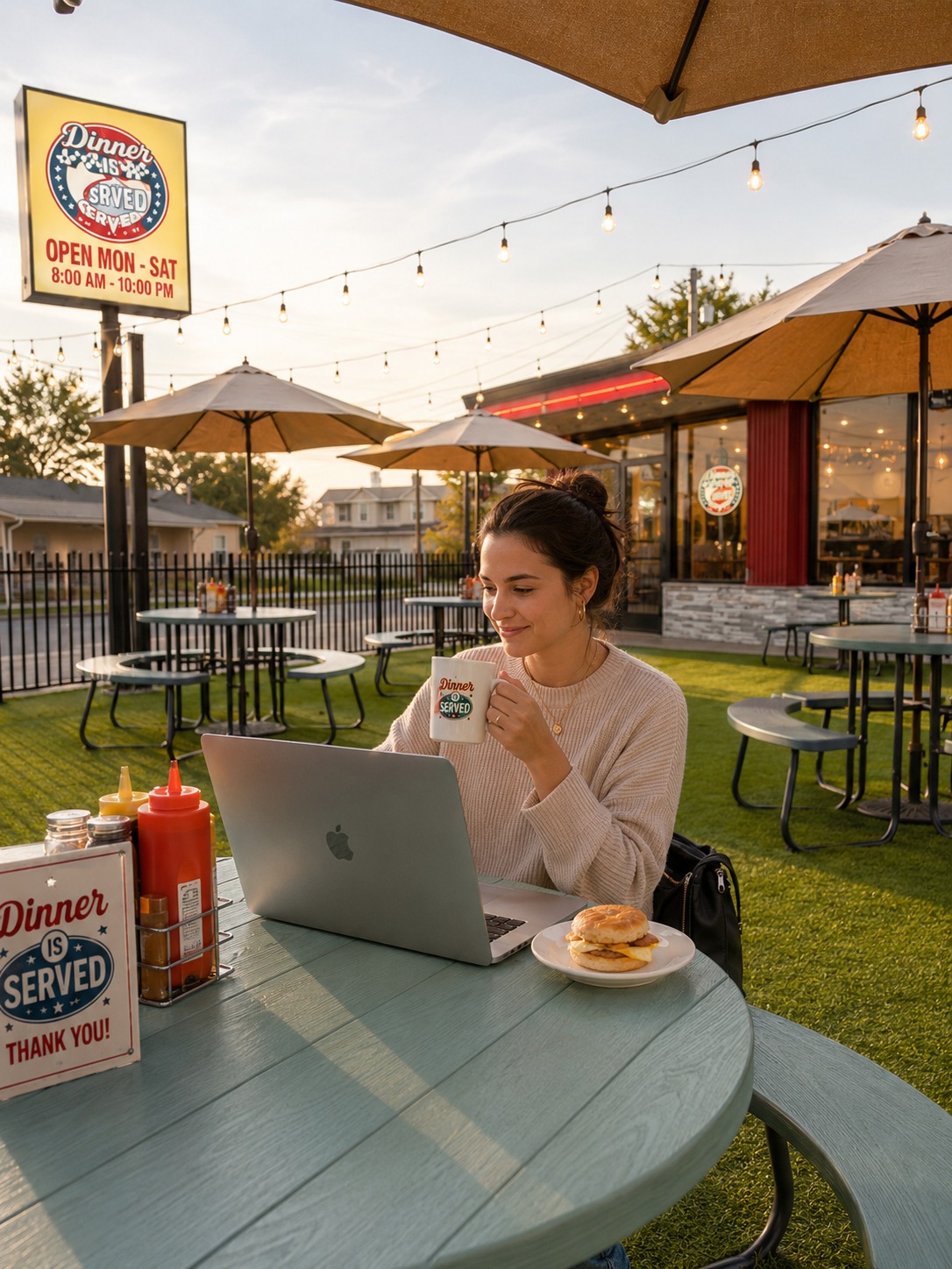Guest working on a laptop on the outdoor patio at Dinner Is Served in Miami