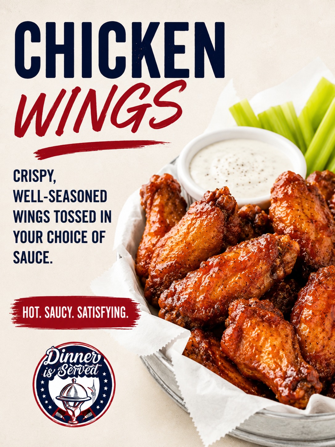 Crispy chicken wings with celery and ranch dip at Dinner Is Served
