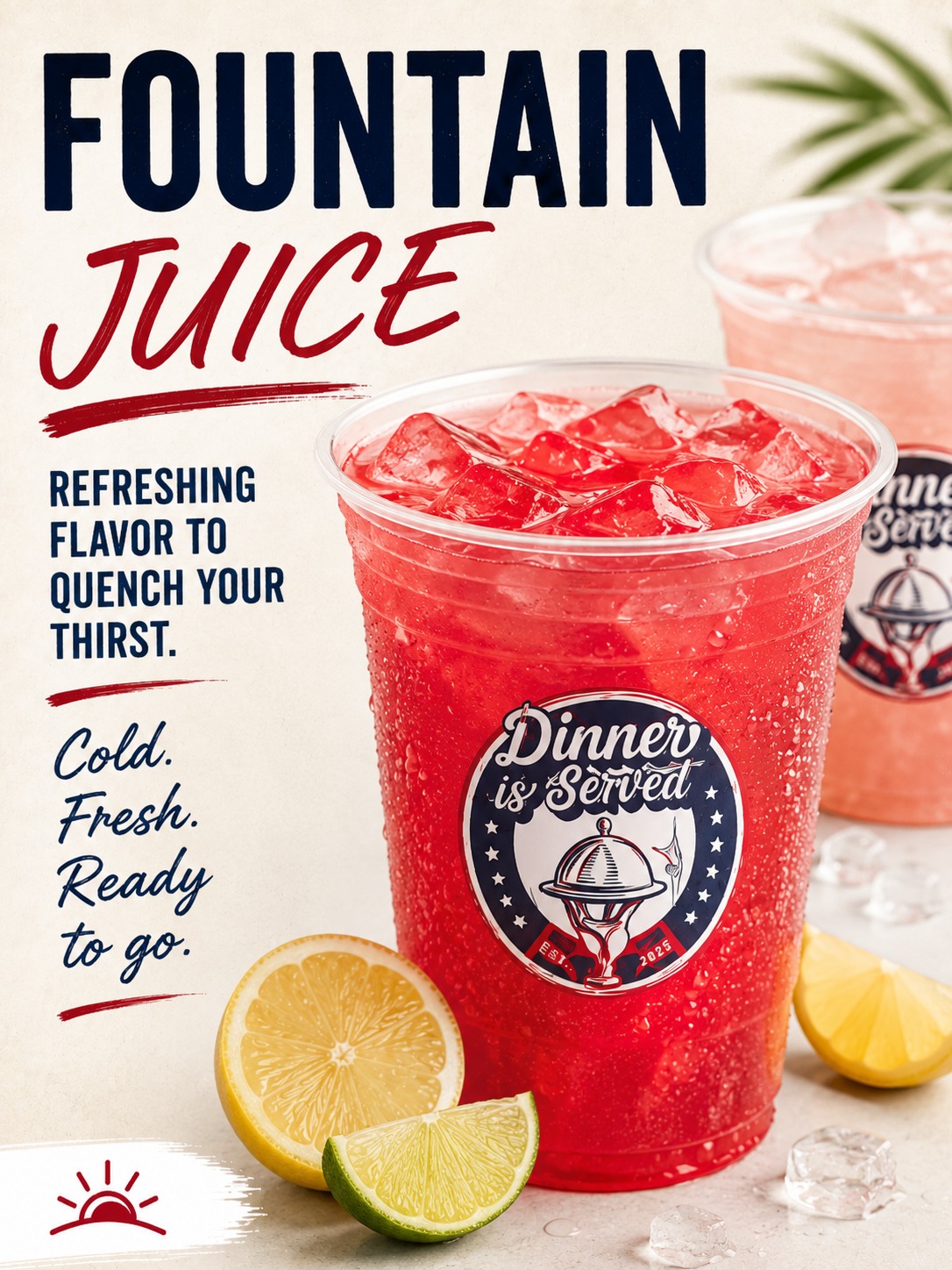 Cold fountain juice drinks with lemon and lime at Dinner Is Served