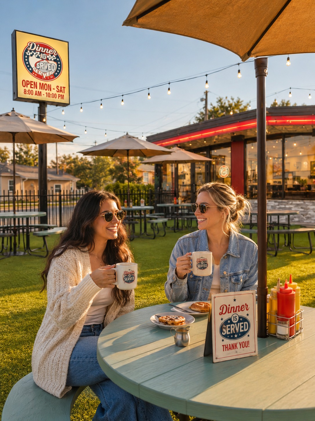 Friends sharing coffee and breakfast on the patio at Dinner Is Served in Miami