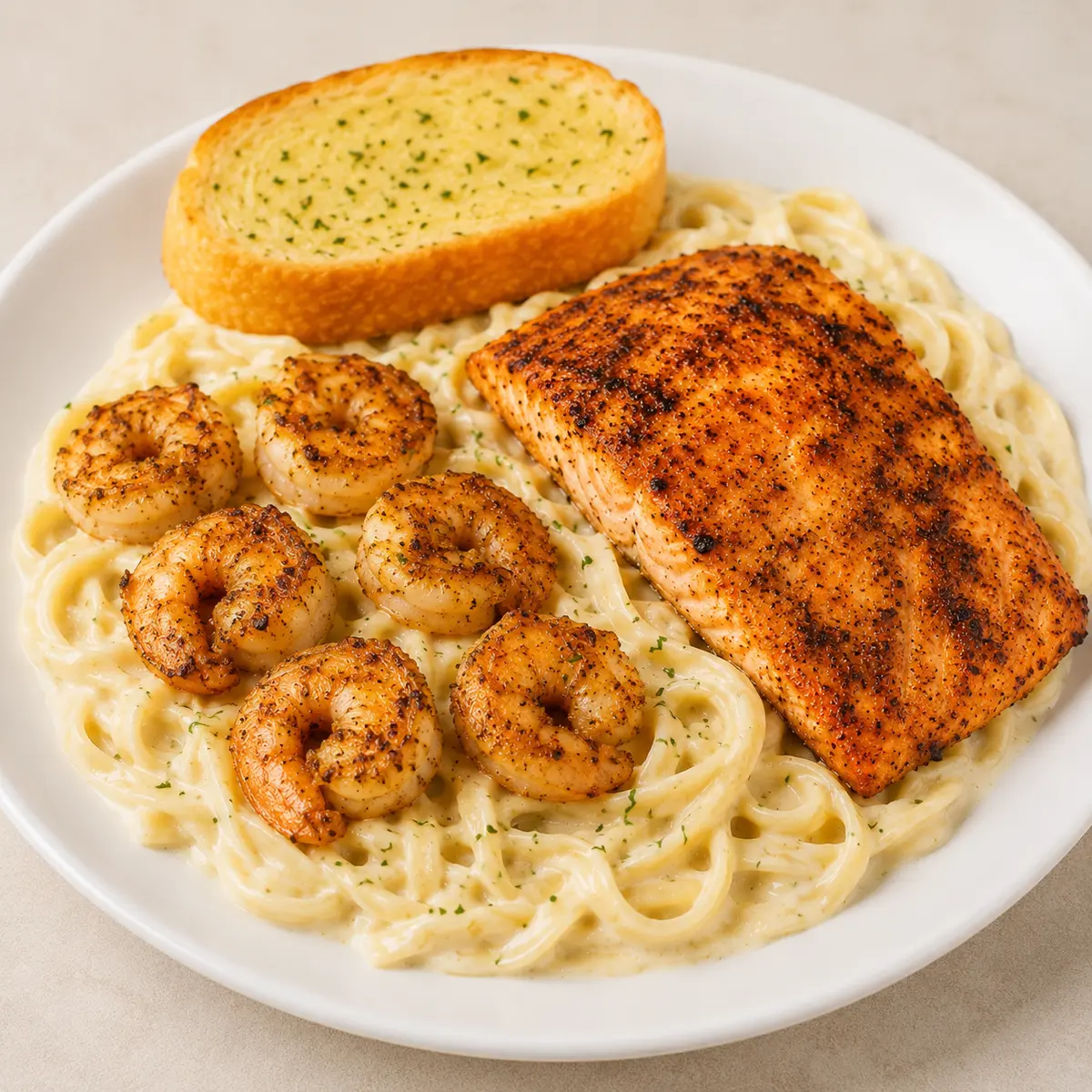 Salmon & Shrimp + Alfredo at Dinner Is Served restaurant in Miami