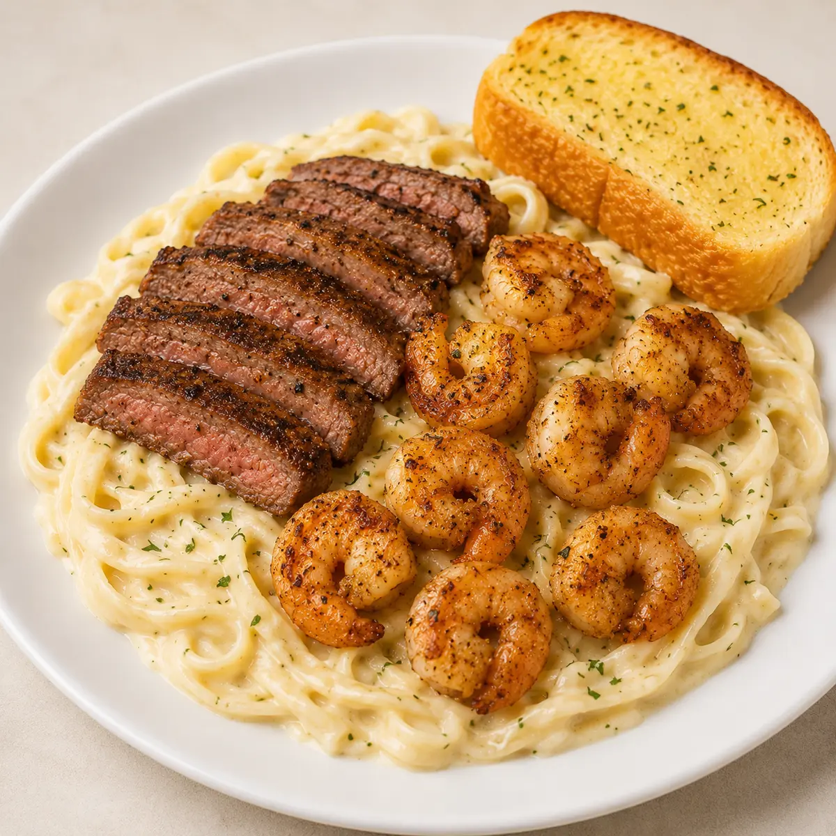 Steak & Shrimp + Alfredo at Dinner Is Served restaurant in Miami